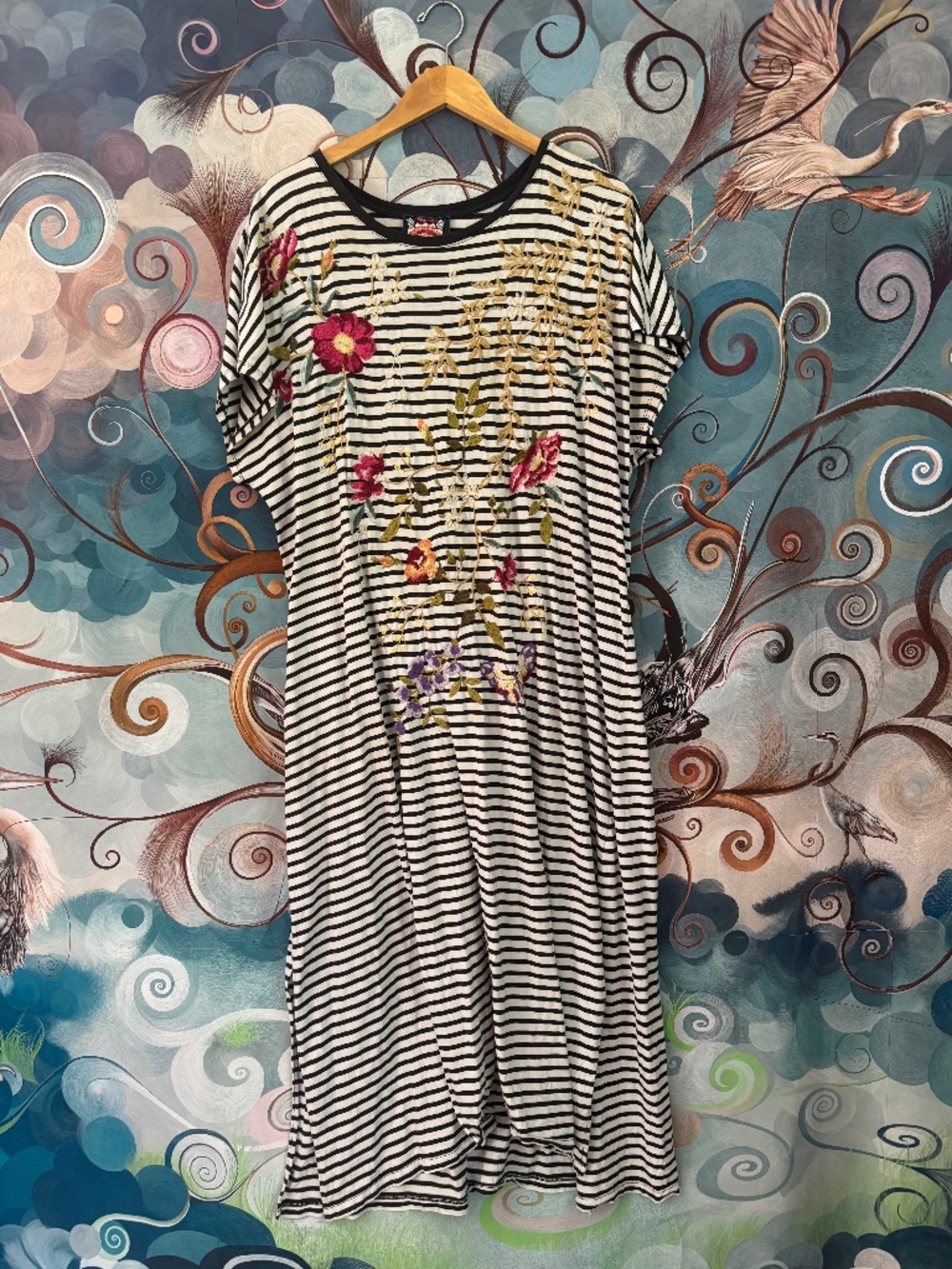 Johnny Was Embroidered Striped T shirt Dress - Picture 5 of 16